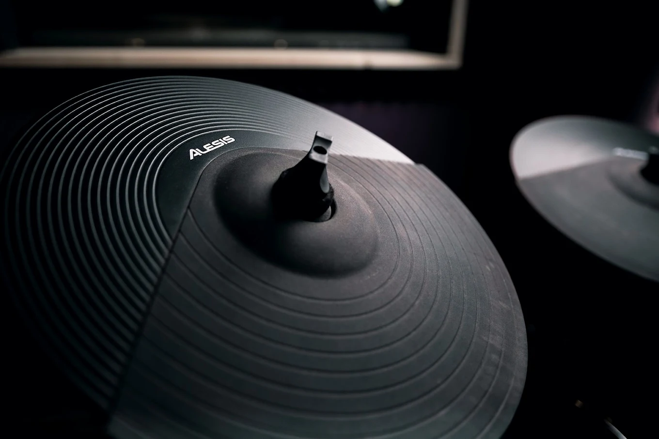 Close-up of a cymbal on the drum kit